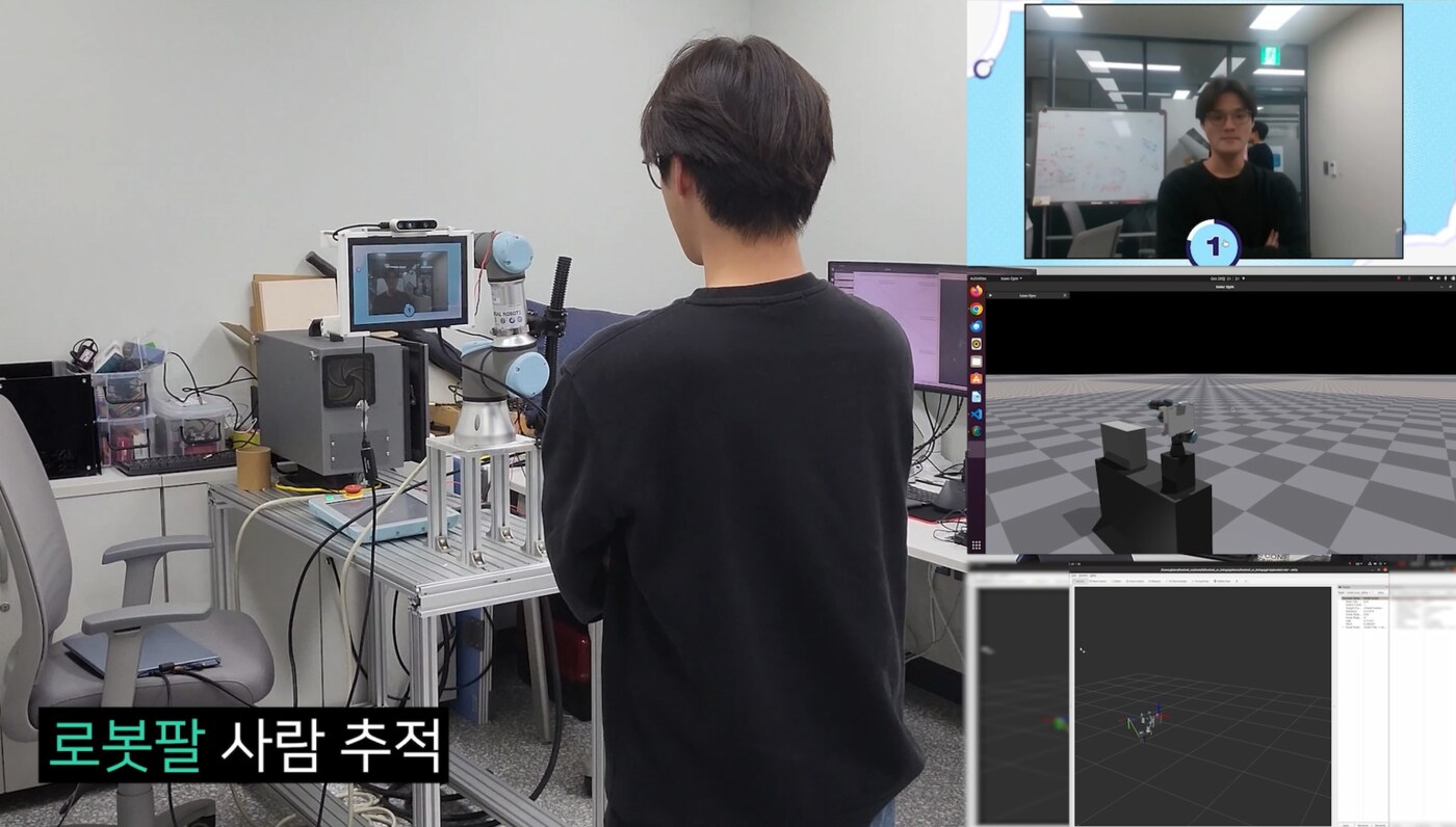 UR3 robot arm tracking a person, shown alongside the simulation view